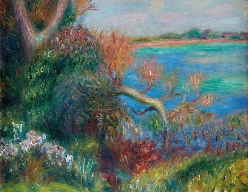 River Bank de William James Glackens, óleo sobre lienzo que muestra un paisaje tranquilo con reflejos en el agua.