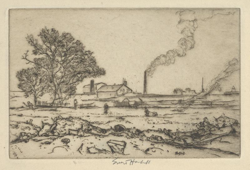 Outskirts of Boston, watercolor on paper by Ernest Haskell depicting fields and a city skyline.
