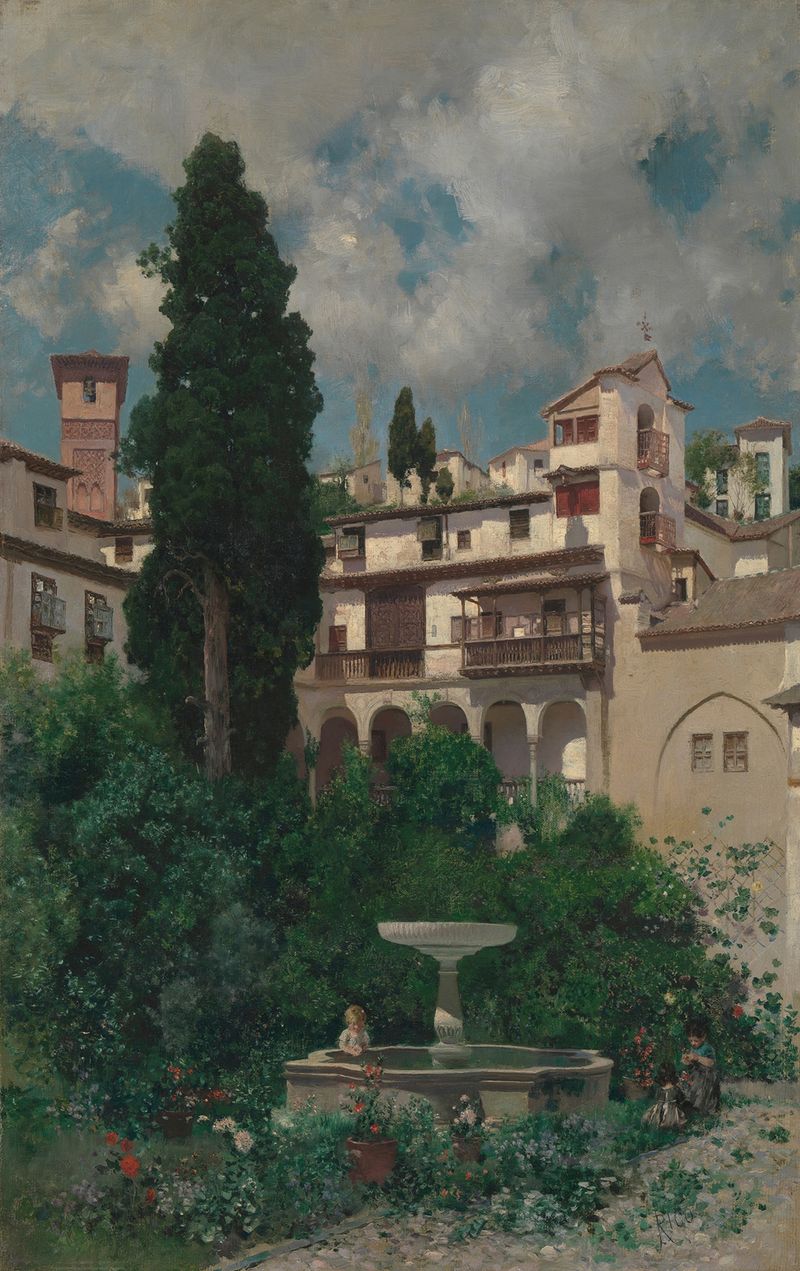 A Spanish Garden de Martin Rico y Ortega, óleo sobre lienzo que representa a una mujer en un jardín exuberante.