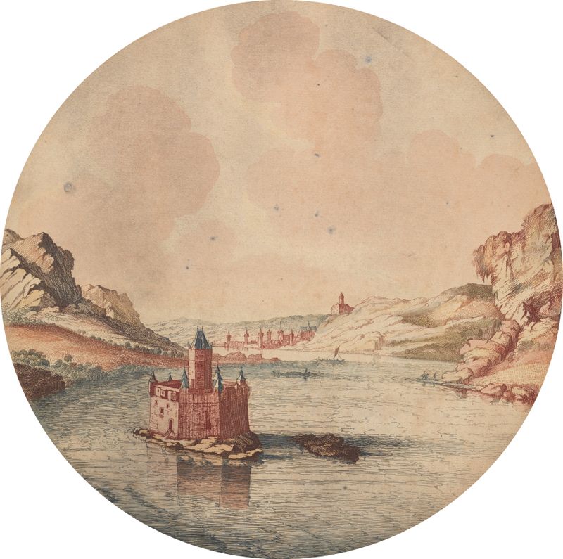Landscape oil painting by Johann Teyler depicting Pfalzgrafenstein castle and river