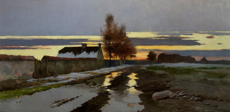 Landscape at dawn by Józef Rapacki, oil on canvas with soft pastels.