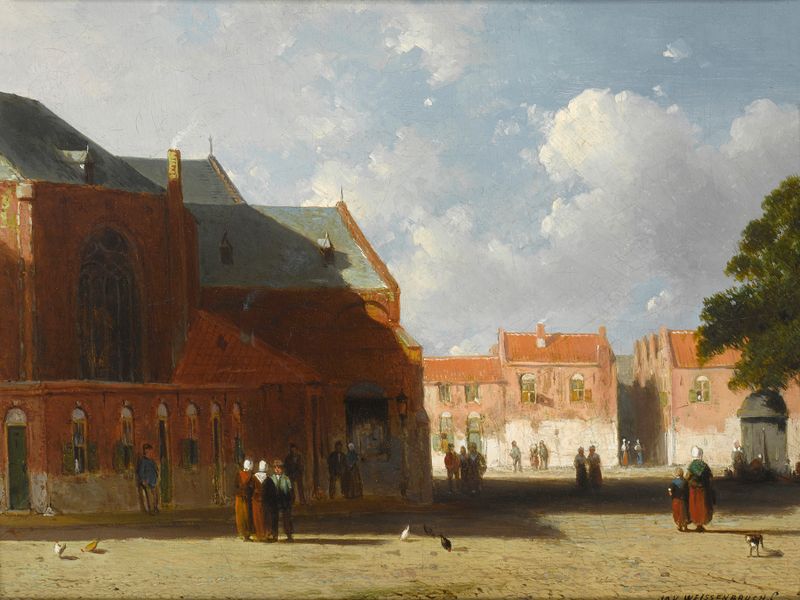 Oil on canvas by Jan Weissenbruch depicting a Dutch town at twilight