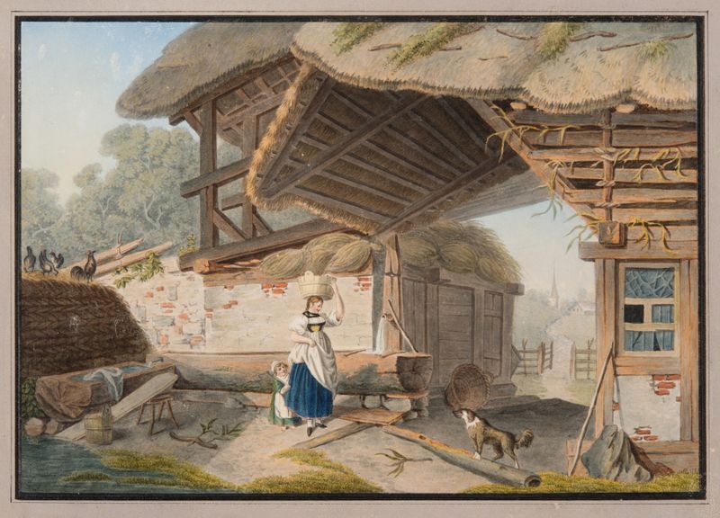 Maison de Paysan au Canton de Berne, óleo sobre tela de Franz Niklaus König, retratando uma fazenda tranquila na luz dourada.