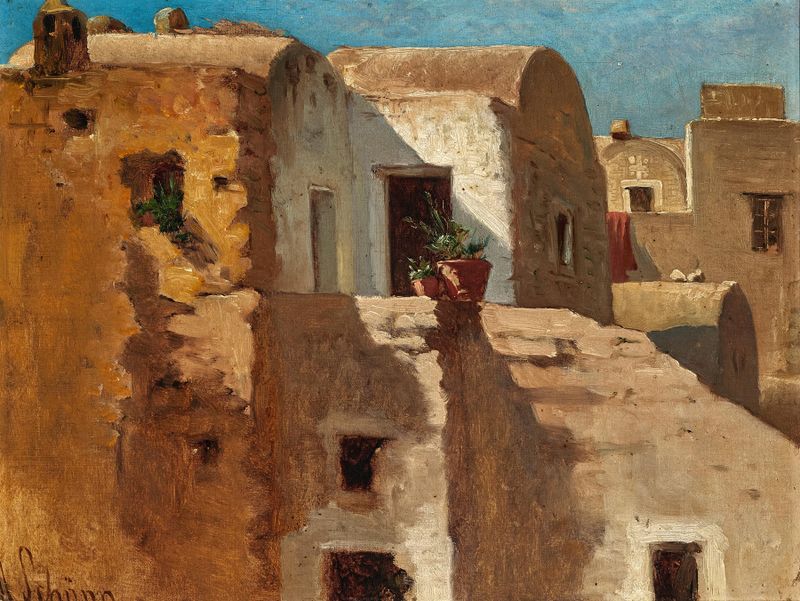 A Terrace in Taormina, óleo sobre lienzo de Alois Schönn, con bugambilias y baldosas de terracota.