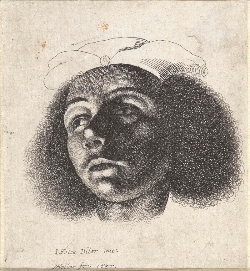 Retrato de um jovem com cabelo encaracolado e um adereço na cabeça, gravura de Wenceslaus Hollar