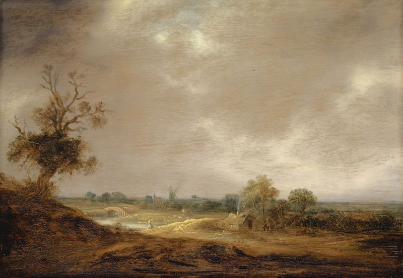 Landscape with Water Course and Farm de Isaac van Ostade, óleo sobre lienzo, que muestra una escena tranquila del campo