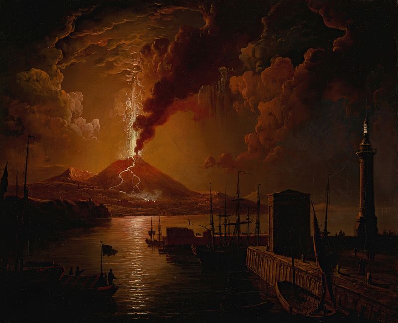 Pintura romántica de Sebastian Pether que representa la Bahía de Nápoles al atardecer