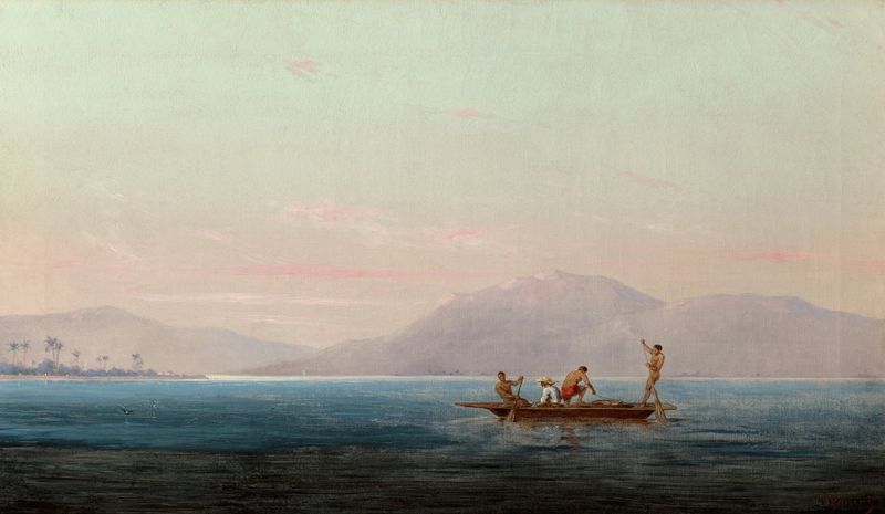 Fishing on the Lake of Managua, Nicaragua de Judah Levasseur, óleo sobre tela que retrata pescadores em um lago sereno.