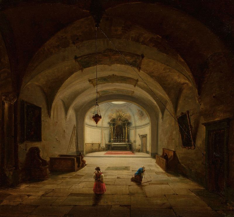 Interior of the subterranean chapel, oil on canvas by Marcin Zaleski