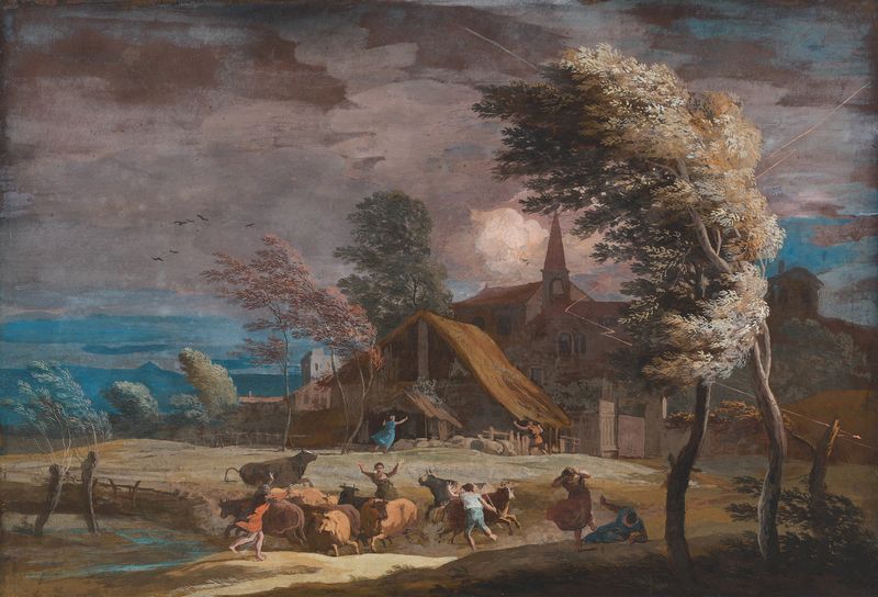 A stormy landscape with dark clouds and lightning by Marco Ricci, oil painting