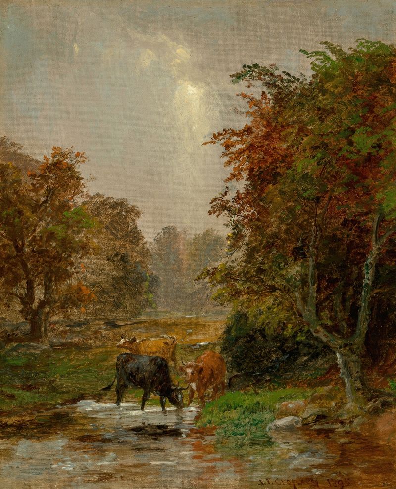 Cattle by a Stream, pintura al óleo de Jasper Francis Cropsey, que representa ganado cerca de un río al atardecer.