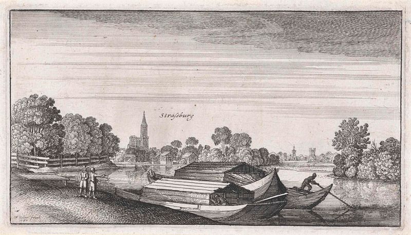 Landschap met gezicht op Straatsburg, grabado de Wenceslaus Hollar, que muestra una ciudad y un río.