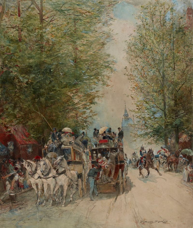 Genre scene of a bustling street with omnibuses, oil on canvas by Edmond Morin