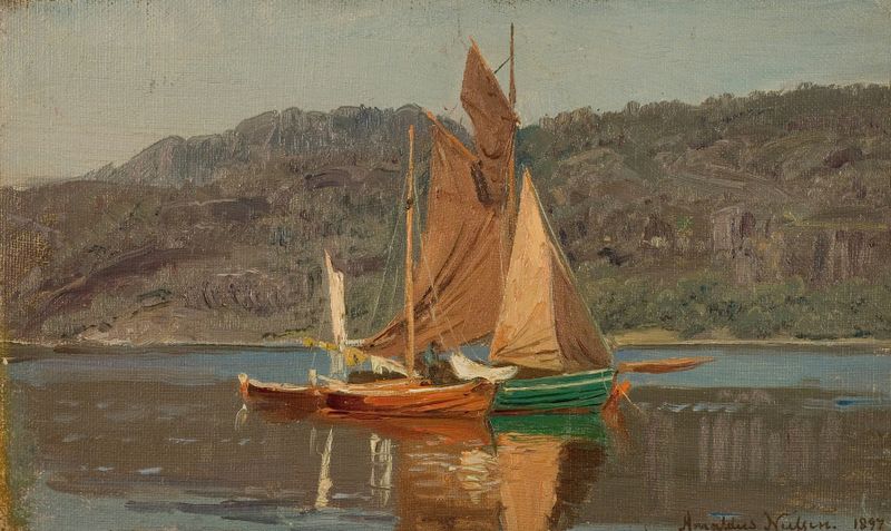 Paisagem com luz filtrando através das árvores, óleo de Amaldus Nielsen