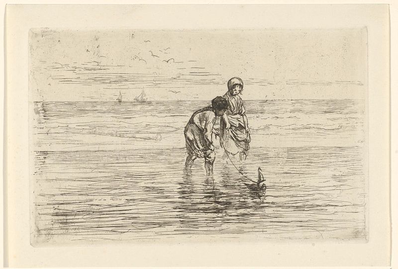 Children playing with a boat at the beach, etching by Jozef Israëls