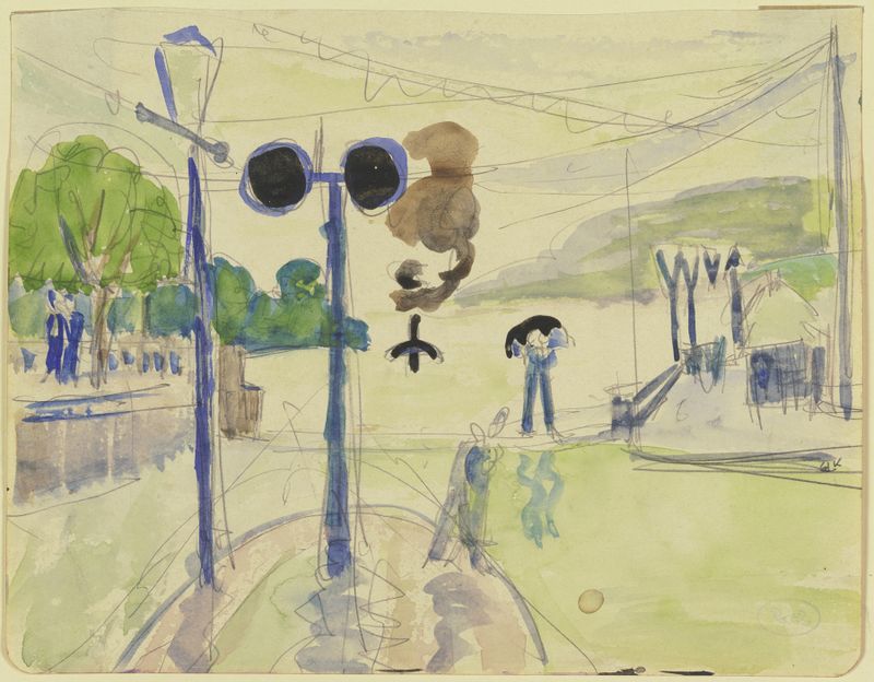 Dampferlände in the rain, óleo sobre lienzo de Ernst Ludwig Kirchner, figuras en una ciudad bajo la lluvia.