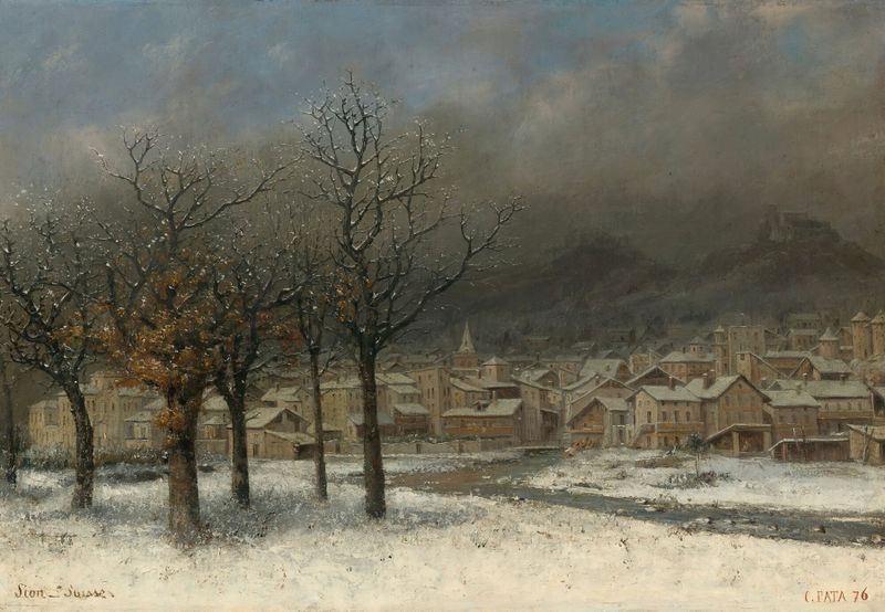 Oil painting by Cherubino Patà depicting hills and a village under golden light