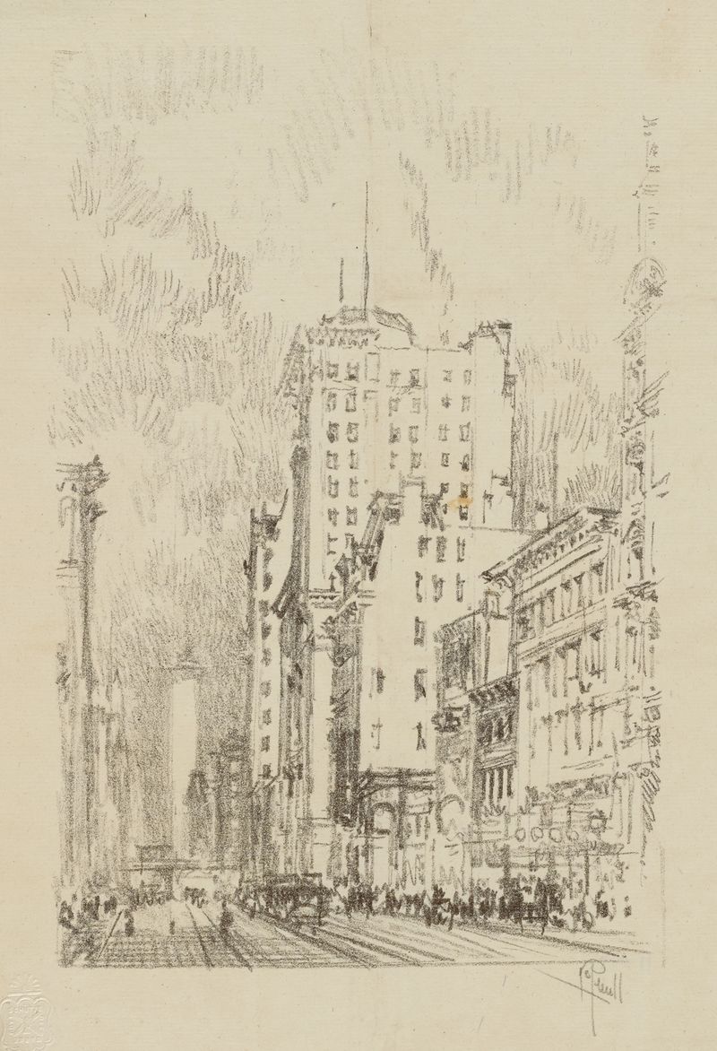 Broadway Above 23rd Street litografia de Joseph Pennell representando telhados urbanos contra um céu ao crepúsculo