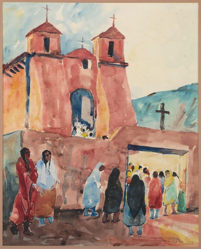 Church, Rancho de Taos de Selden Connor Gile, óleo sobre lienzo que representa una iglesia en un paisaje desértico