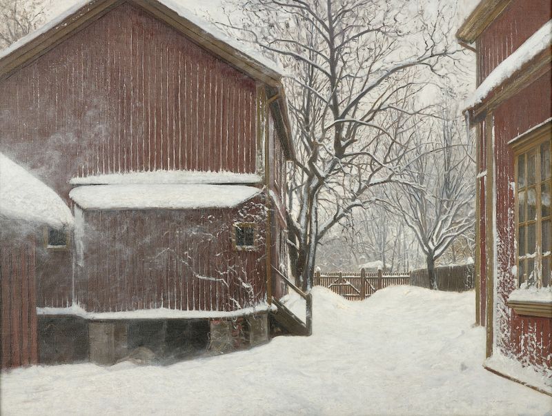 Pintura figurativa a óleo de Amaldus Nielsen retratando uma figura esguia em um momento tenso.