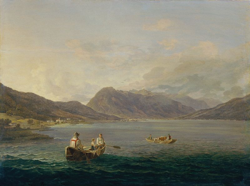 Österreichischer Alpensee by Anton Schiffer, oil on canvas, depicting a tranquil lake and mountains.