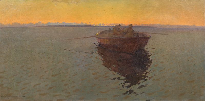 Obra de arte impresionista de Arvid Johansson que muestra pescadores en un bote sobre agua reflectante