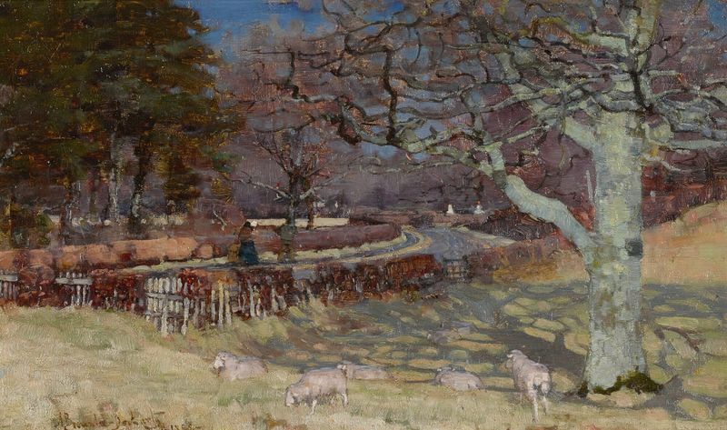 Ovelhas ao longo de uma estrada iluminada pelo sol, pintura a óleo de Alexander Brownlie Docharty