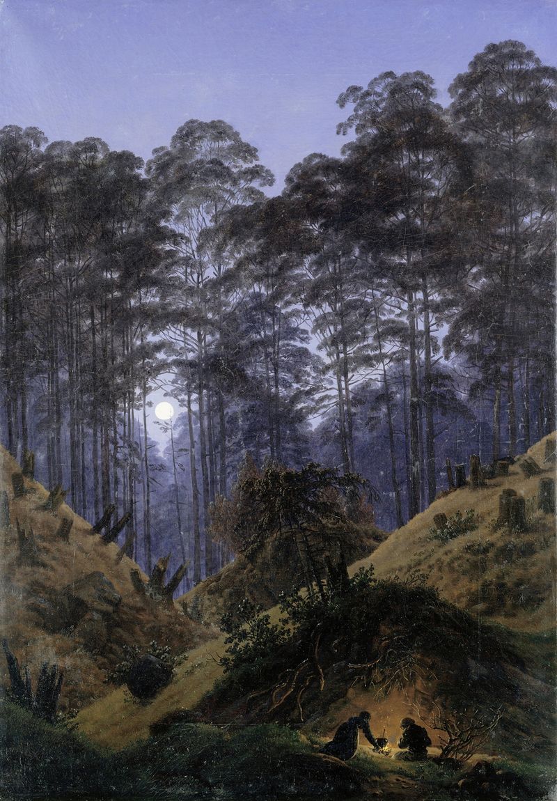 Oil painting by Caspar David Friedrich showing a forest illuminated by moonlight