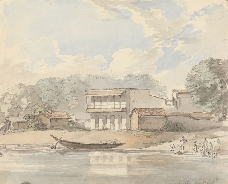 Landscape oil painting by Samuel Davis depicting a river and lush greenery