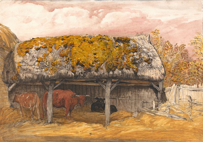 Uma cabana rústica com um telhado coberto de musgo em uma paisagem etérea, pintura a óleo de Samuel Palmer