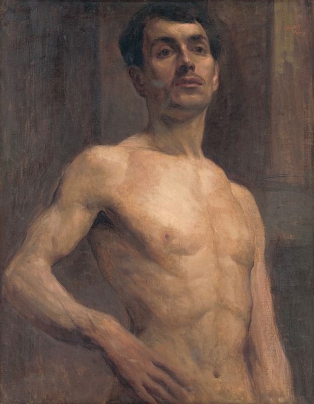 Hombre desnudo óleo de Elemír Halász-Hradil, mostrando luz y sombra en un estudio.