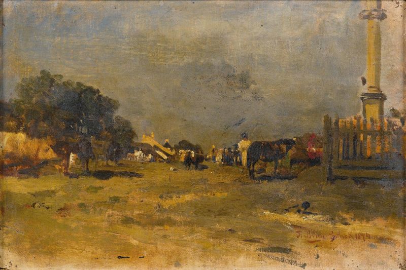 Paisaje de Szolnok de Tina Blau, óleo sobre lienzo que representa reflejos de agua y luz.