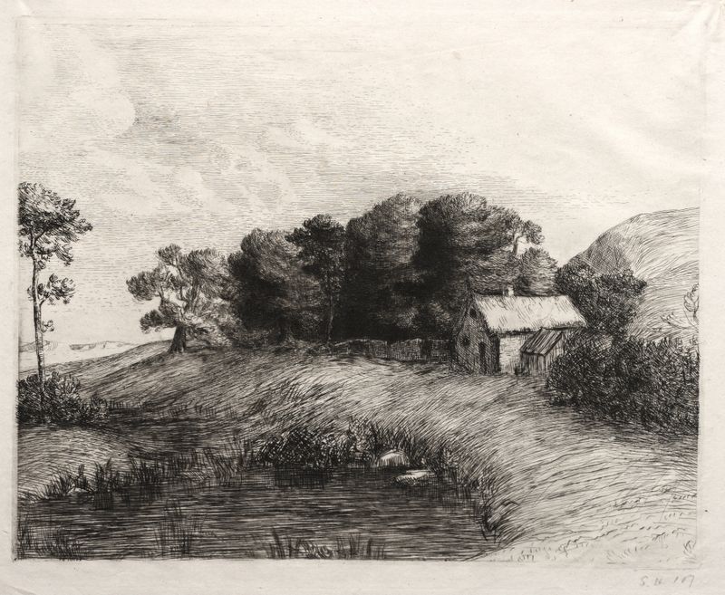 Paisaje con un estanque de Alphonse Legros, pintura al óleo que muestra un estanque tranquilo y flora.