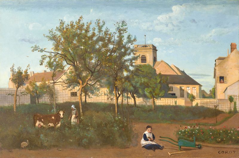 Paisaje del pueblo de Rosny con iglesia y huerto, óleo de Jean-Baptiste-Camille Corot