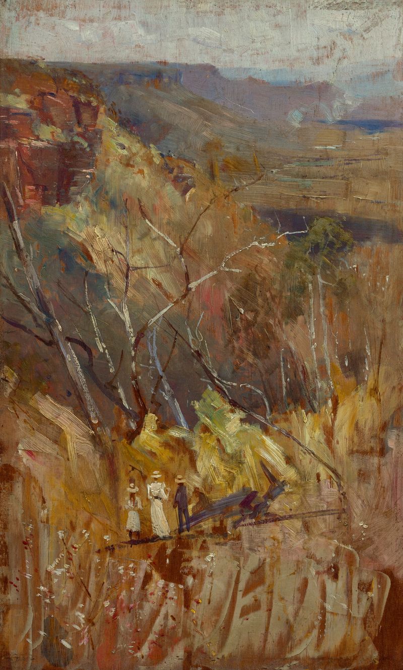 Paisagem retratando montanhas em suaves azuis e verdes, pintura a óleo de Albert Henry Fullwood