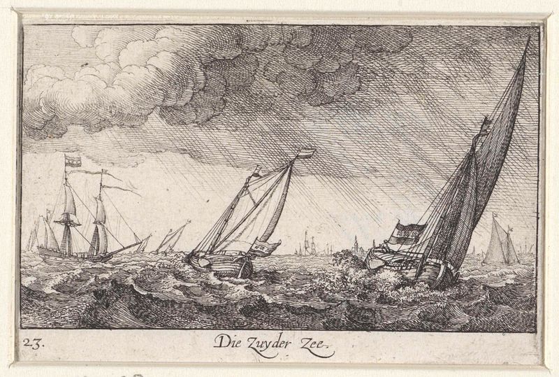 Barcos luchando contra las olas tormentosas en la Zuiderzee, grabado de Wenceslaus Hollar