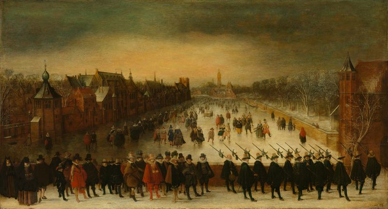 Winter landscape with Prince Maurits and retinue, oil on panel by Adam van Breen