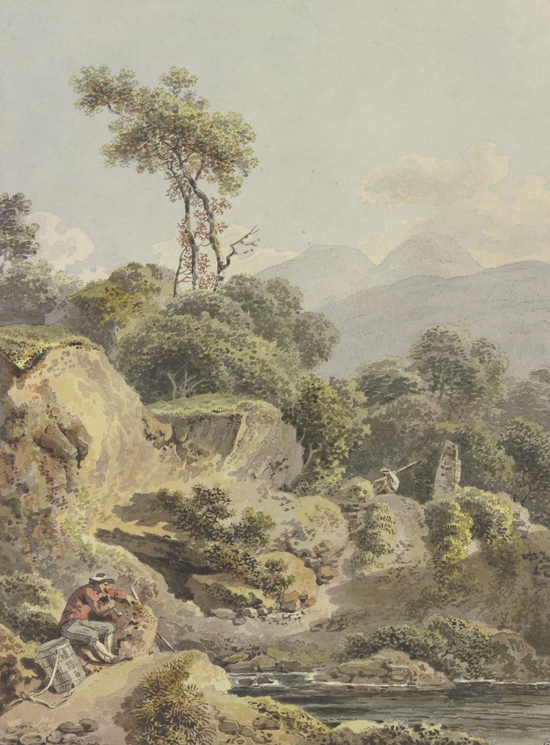 Pintura a óleo de paisagem de Balthasar Anton Dunker mostrando um rio calmo e uma vila.