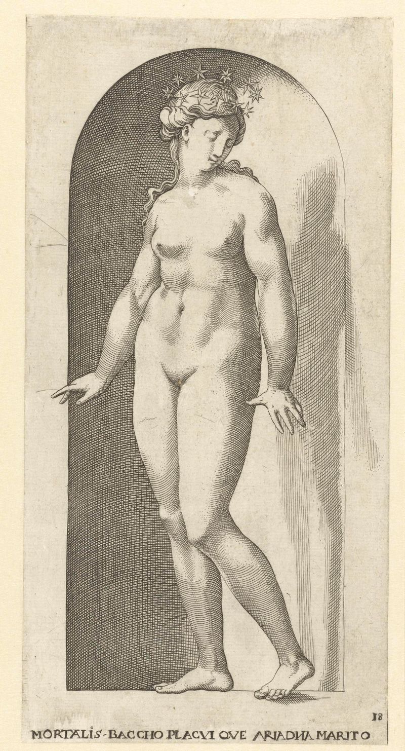Grabado Ariadne met kroon van sterren de Jacob Binck, que muestra una corona de estrellas y expresión serena.