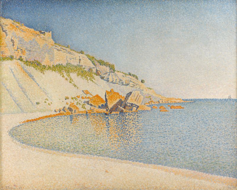 Cassis, Cap Lombard, Opus 196 de Paul Signac, pintura a óleo que retrata uma cena costeira com ondas e luz do sol.