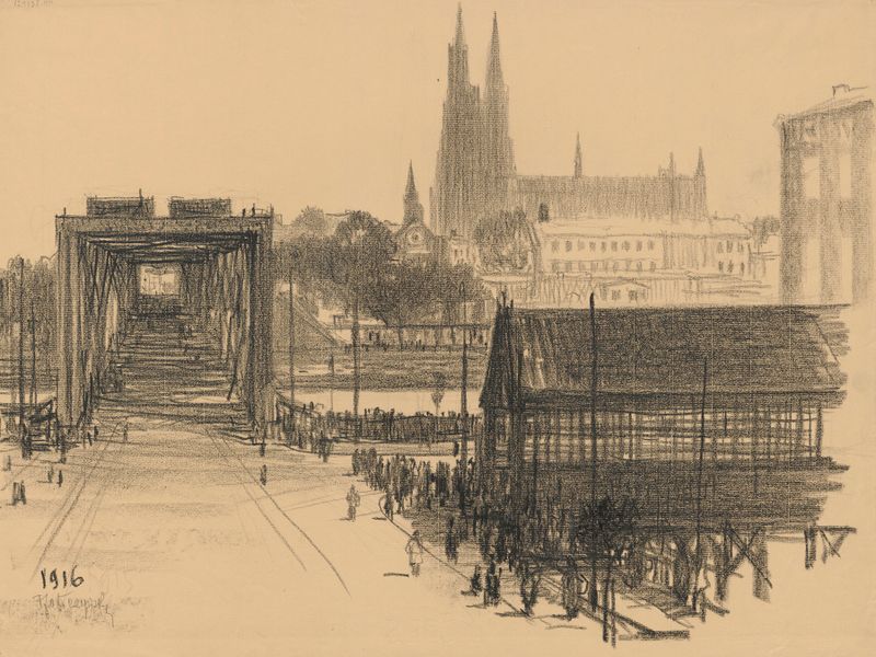 A Velha Ponte de Feliks Jabłczyński, óleo sobre tela que retrata uma paisagem serena com uma ponte.