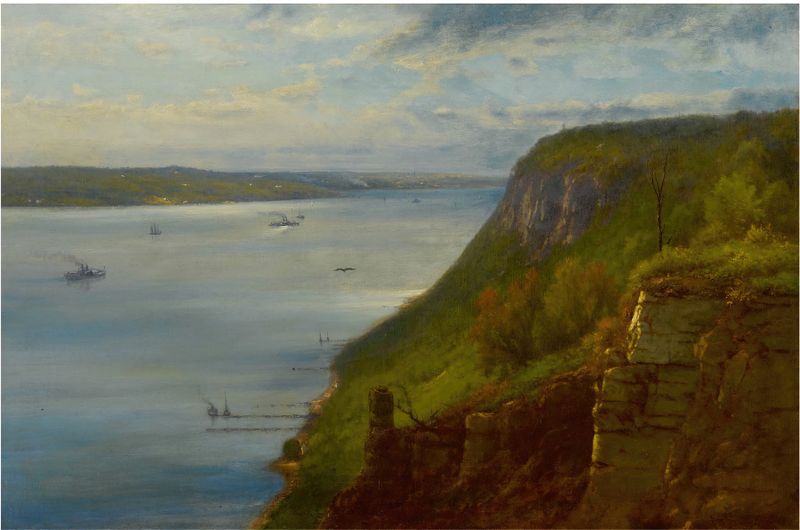 Palisades on the Hudson de George Inness, óleo sobre lienzo que representa un paisaje sereno.