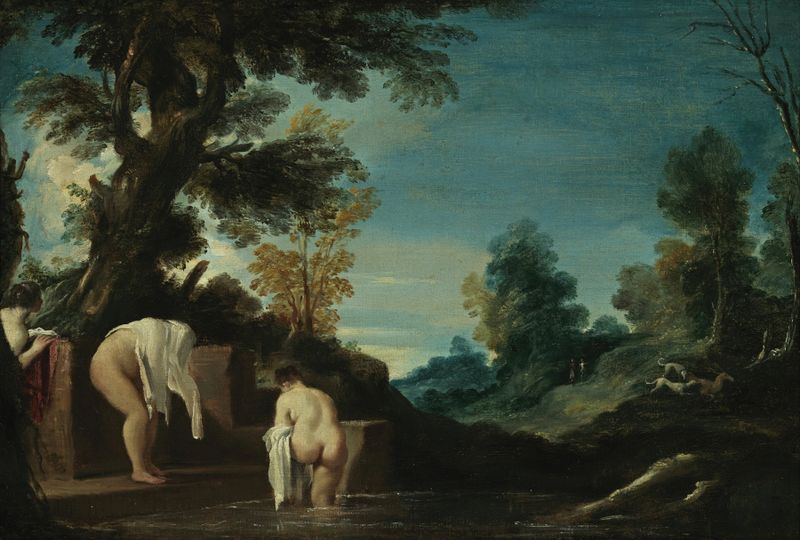 Landscape with Bathing Women de Guercino, óleo sobre lienzo, con mujeres en un paisaje exuberante.