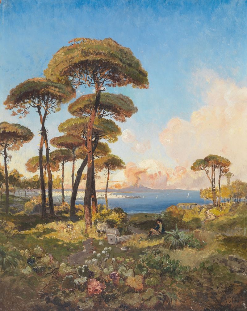 Landscape of Naples with hills and water, oil on canvas by Guglielmo Giusti