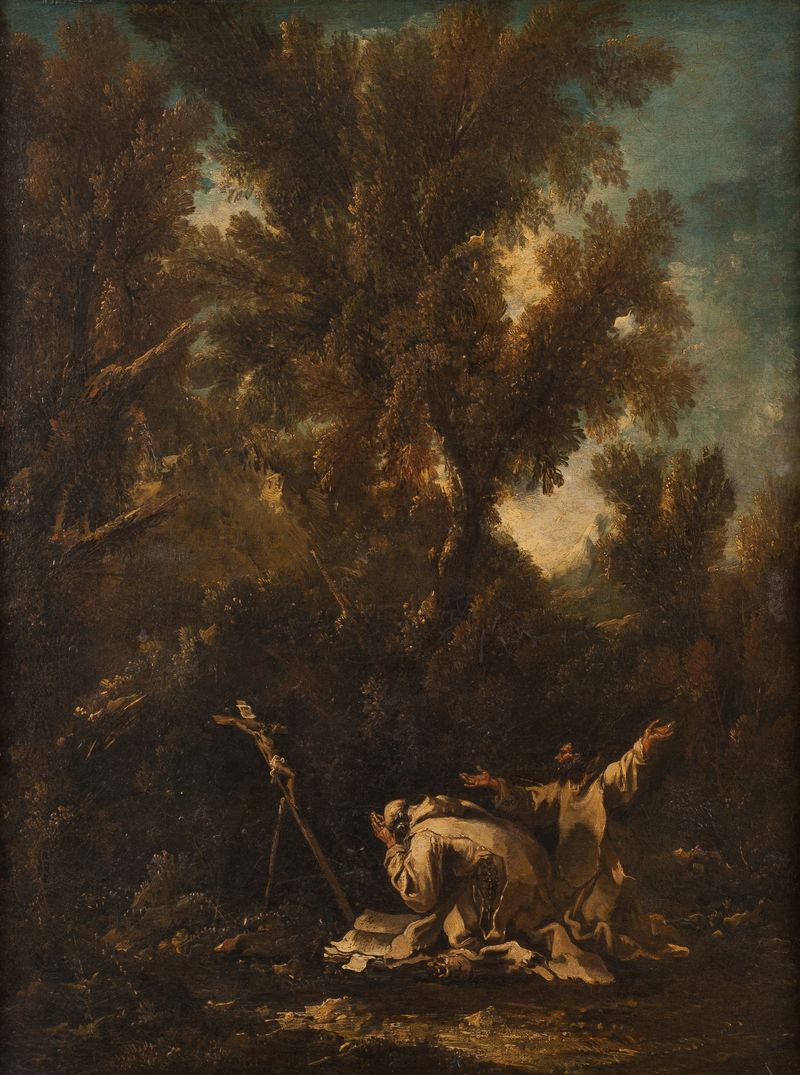 Landscape with two Repentant Monks de Alessandro Magnasco, pintura a óleo que retrata monges em um ambiente natural sereno.