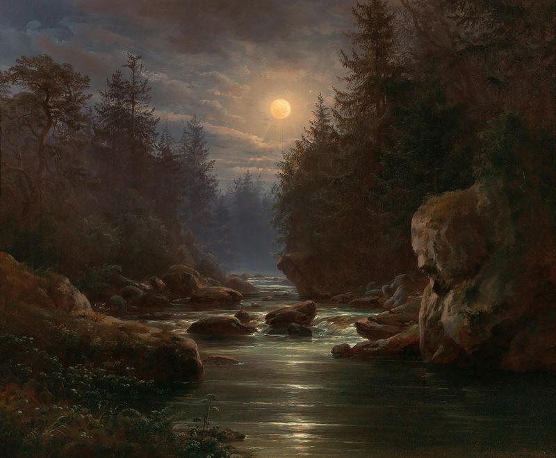 Moonlit landscape with a river and foliage, oil painting by Karl Christian Sparmann