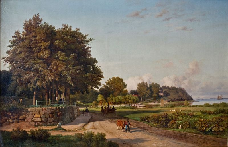 Paisaje que representa un río y cielo de Louis Gurlitt, pintura al óleo