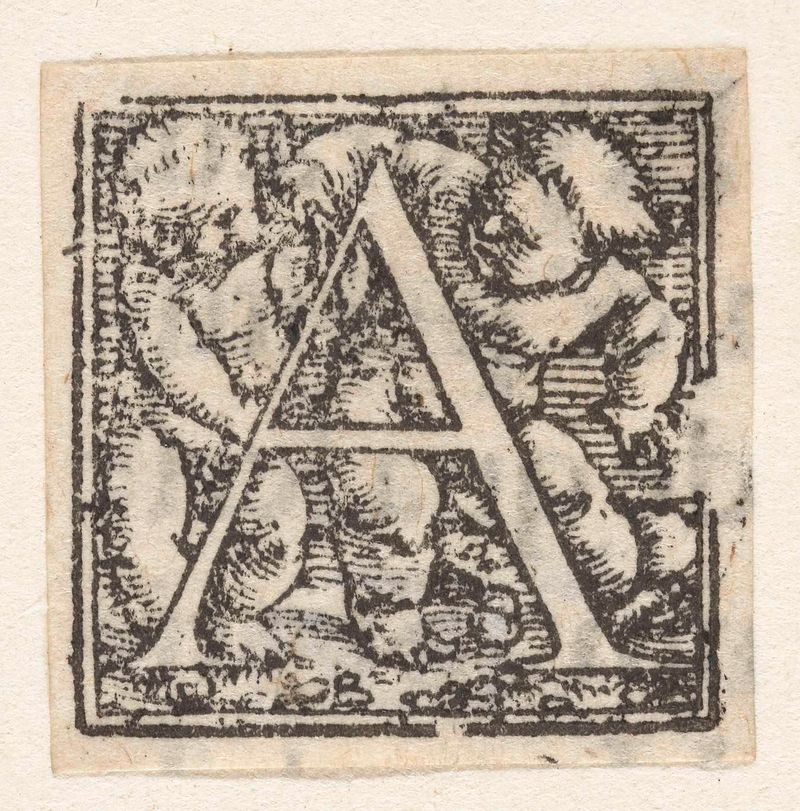 Letter A en twee kinderen de Hans Holbein, obra en papel con dos niños y patrones intrincados.