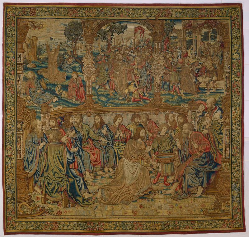 Tapiz religioso de Pieter van Edingen que representa figuras en luz suave