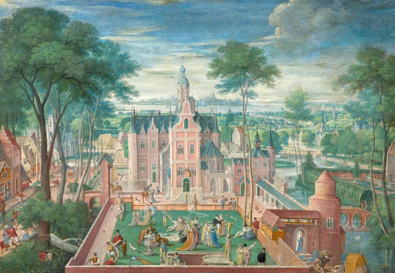 Genre scene depicting figures in a garden by Hans Bol, 1587